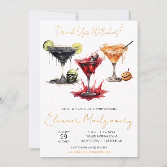 Halloween Cocktails, Drinks, Bachelorette Party Invitation (Front)