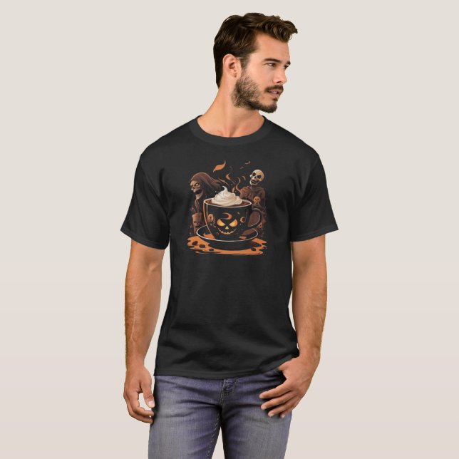 Halloween Coffee Art – Spooky Latte with Skeletons T-Shirt (Front Full)