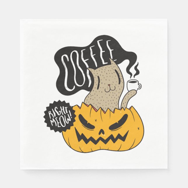 Halloween Coffee Cat - Cute Halloween Cat Drinking Napkins (Front)