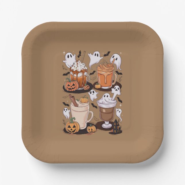 Halloween Coffee Cute Fall Iced Coffee Lover Gift  Paper Plates (Front)