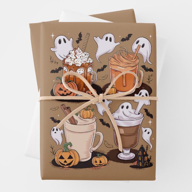 Halloween Coffee Cute Fall Iced Coffee Lover Gift  Wrapping Paper Sheets (In situ)