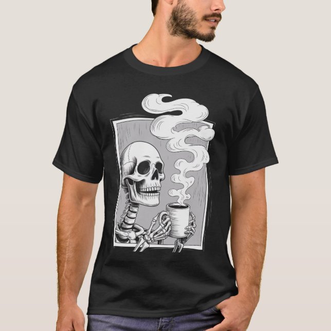 Halloween Coffee Drinking Skeleton Skull T-Shirt (Front)