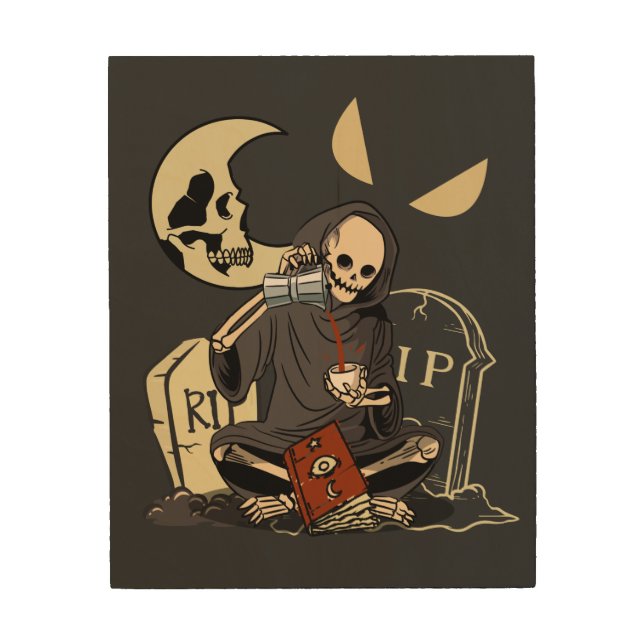 Halloween Coffee Drinking Skeleton  Wood Wall Art (Front)