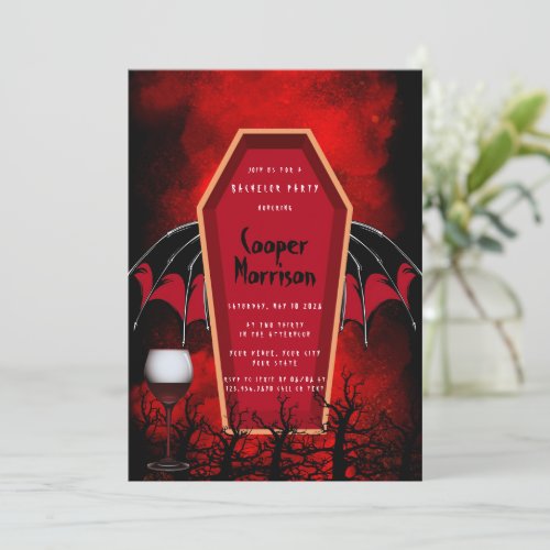 Halloween Coffin and Bat Wings Bachelor Party Invitation
