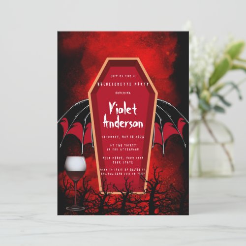 Halloween Coffin and Bat Wings Bachelorette Party Invitation