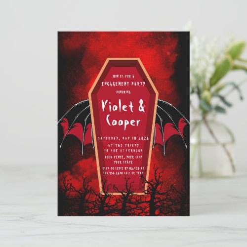 Halloween Coffin and Bat Wings Engagement Party Invitation