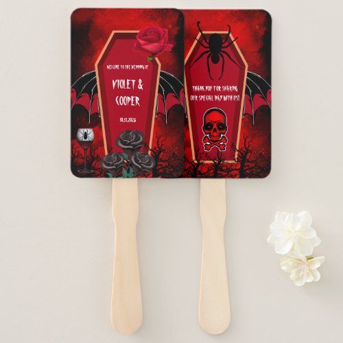 Halloween Coffin and Bat Wings Red Black Wedding Hand Fan