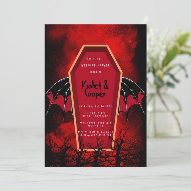 Halloween Coffin and Bat Wings Wedding Shower Invitation (Standing Front)