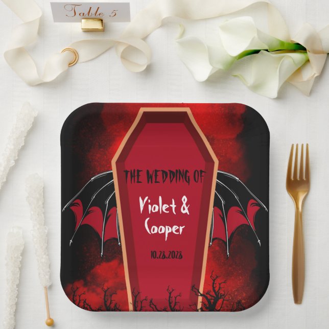Halloween Coffin Bat Wings Black Red Wedding Paper Plates (Wedding)