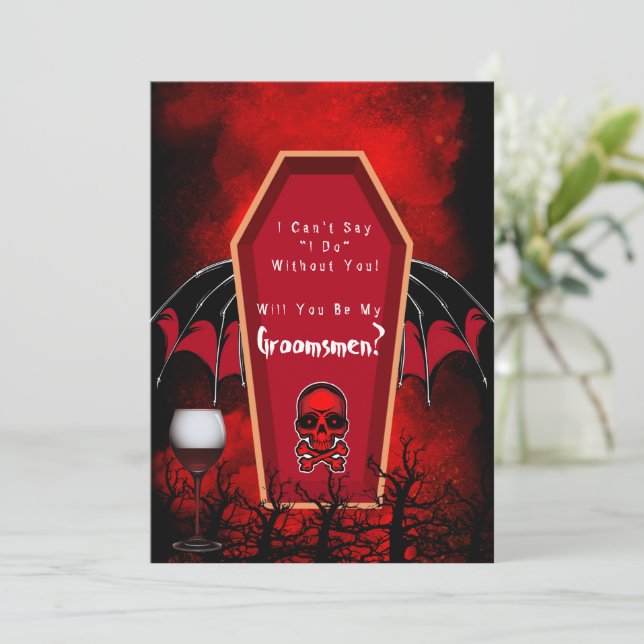Halloween Coffin Wings Will You Be My Groomsmen Invitation (Standing Front)