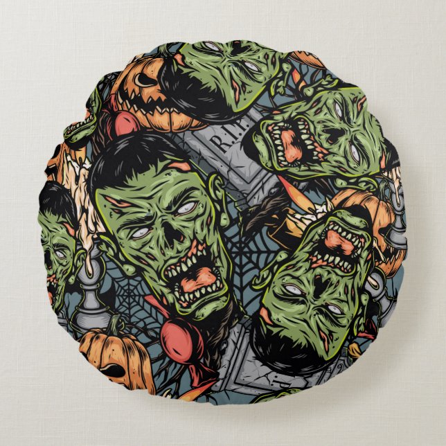 Halloween colorful elements seamless pattern with  round pillow (Front)