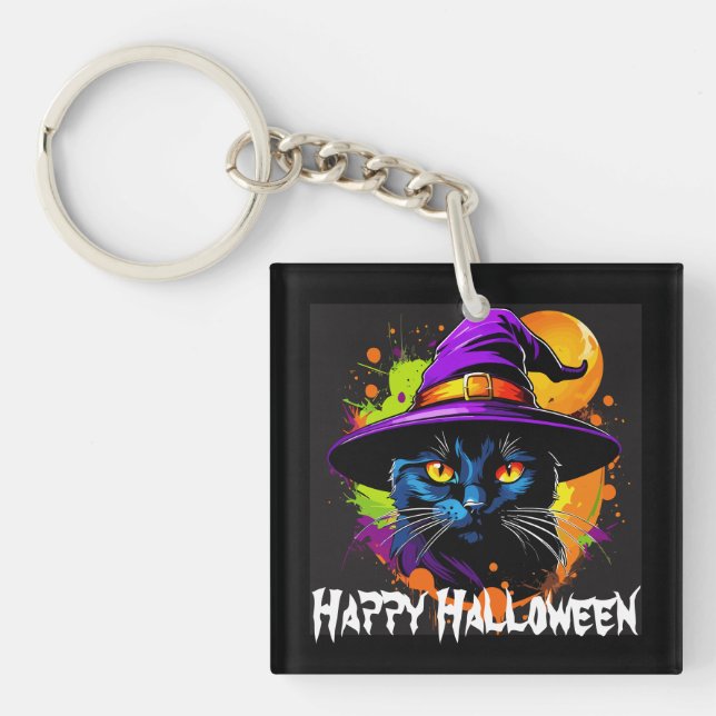 Halloween Colorful Majestic Black Cat  Keychain (Front)