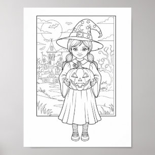 Halloween Coloring Page - A Girl with Pumpkin Poster