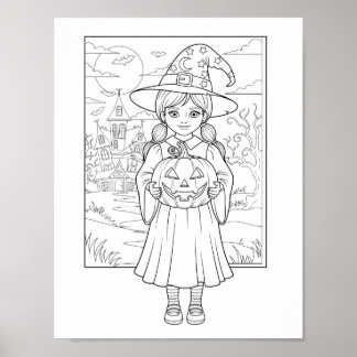 Halloween Coloring Page - A Girl with Pumpkin Poster