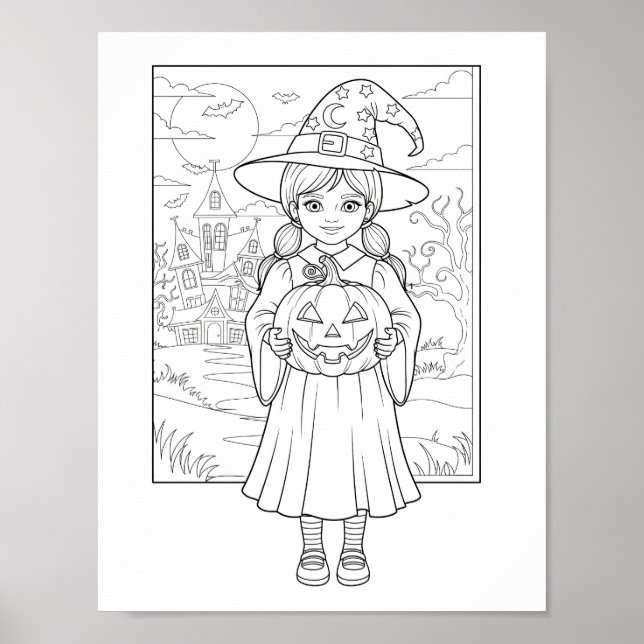 Halloween Coloring Page - A Girl with Pumpkin Poster (Front)