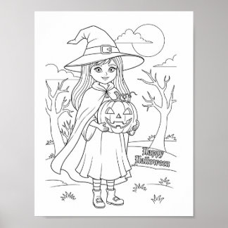 Halloween Coloring Page - A Girl with Pumpkin Poster