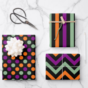 Halloween Colors Polka Dots, Stripes and Chevron Wrapping Paper Sheets