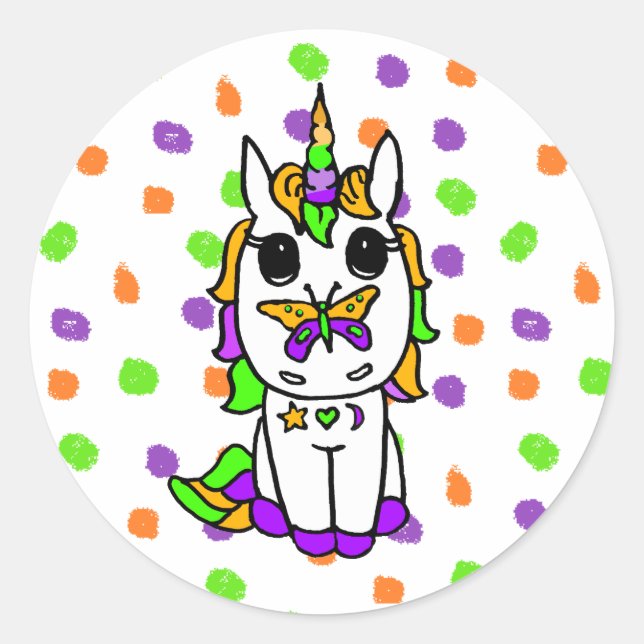 Halloween Colors Unicorn with Butterfly on Nose Classic Round Sticker (Front)