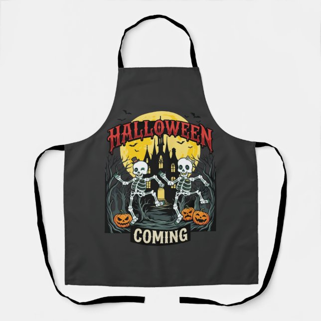 Halloween Coming Dancing Skeletons Castle Pumpkins Apron (Front)