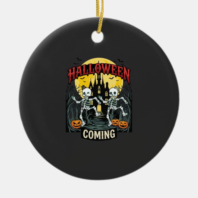 Halloween Coming Dancing Skeletons Castle Pumpkins Ceramic Ornament (Front)