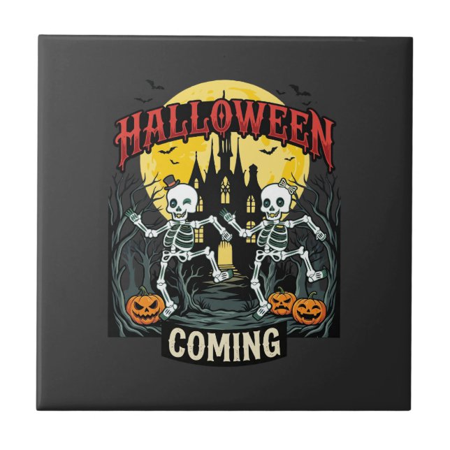 Halloween Coming Dancing Skeletons Castle Pumpkins Ceramic Tile (Front)