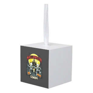Halloween Coming Dancing Skeletons Castle Pumpkins Cube Ornament