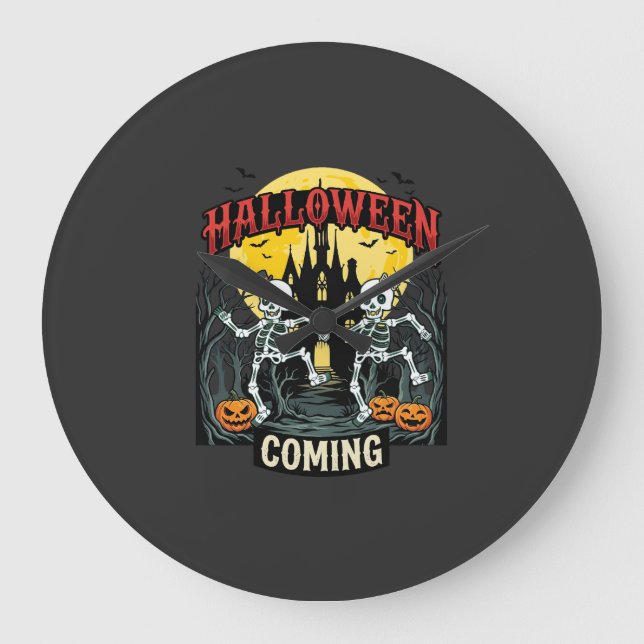 Halloween Coming Dancing Skeletons Castle Pumpkins Large Clock (Front)