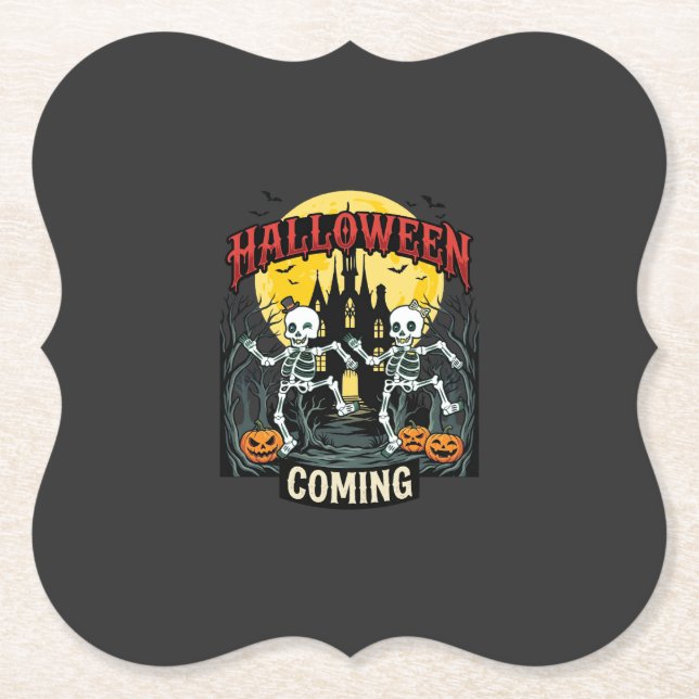 Halloween Coming Dancing Skeletons Castle Pumpkins Paper Coaster (Front)