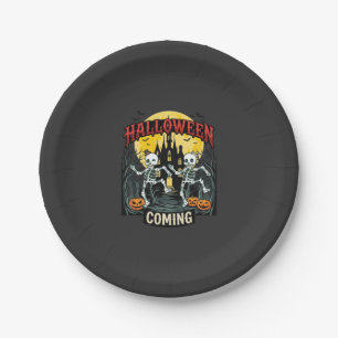 Halloween Coming Dancing Skeletons Castle Pumpkins Paper Plates