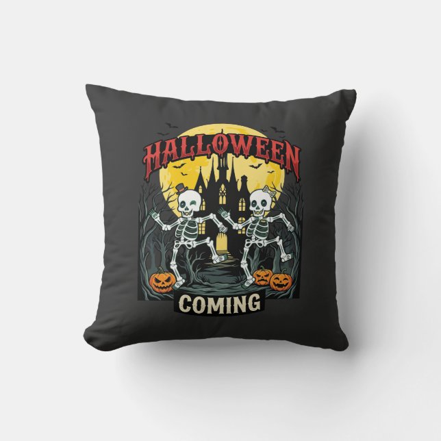 Halloween Coming Dancing Skeletons Castle Pumpkins Throw Pillow (Front)