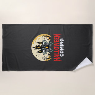 Halloween Coming Dancing Skeletons Haunted Castle Beach Towel