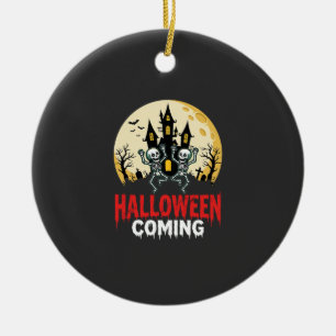 Halloween Coming Dancing Skeletons Haunted Castle Ceramic Ornament