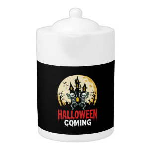 Halloween Coming Dancing Skeletons Haunted Castle Teapot