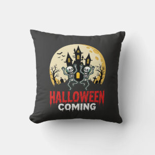 Halloween Coming Dancing Skeletons Haunted Castle Throw Pillow