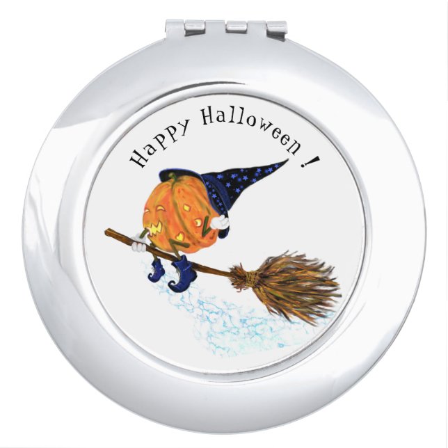 Halloween Compact Mirror Witch Pumpkin Flying (Front)
