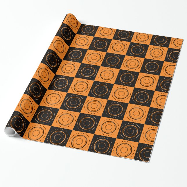 Halloween Concentric Orange and Black Polka Dots Wrapping Paper (Unrolled)