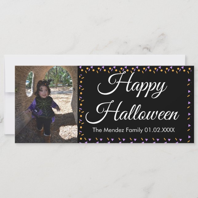 Halloween Confetti Orange Purple Border Photo Card (Front)