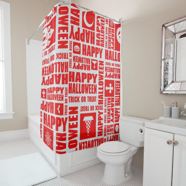  Halloween Cool Spooky Whimsical Typography Red  Shower Curtain (In Situ)