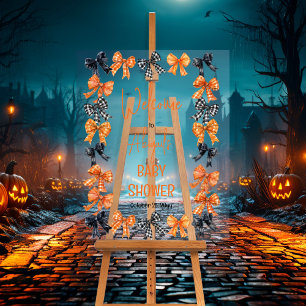 Halloween Coquette Black Orange Bows Baby Shower Acrylic Sign