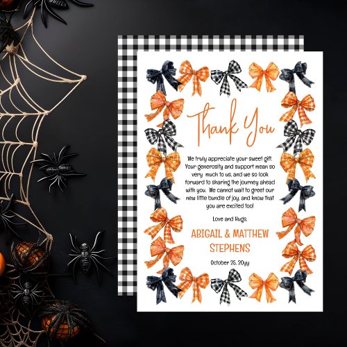 Halloween Coquette Black  Orange Bows Baby Shower Thank You Card