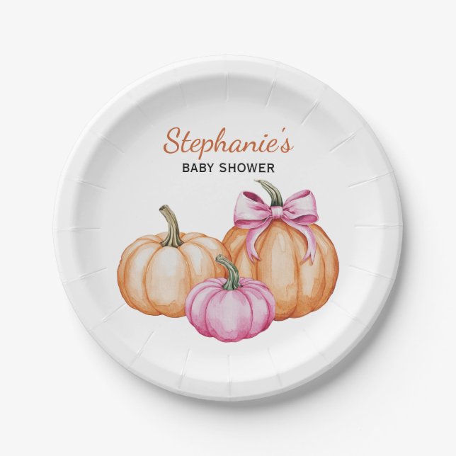 Halloween Coquette Bow Pumpkin Spooky Baby Shower Paper Plates (Front)