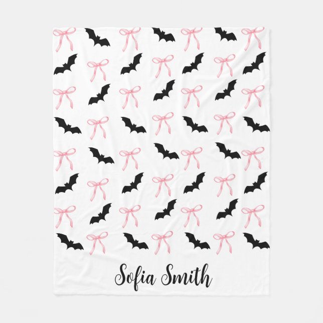 halloween Coquette pink bow and black bats Fleece Blanket (Front)
