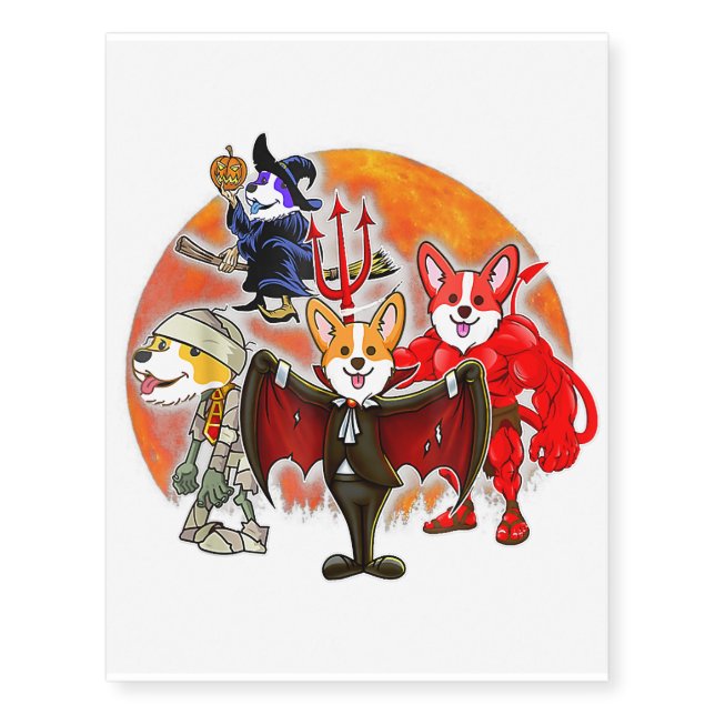 Halloween Corgi Costume Mummy Evil Witch Pumpkin G Temporary Tattoos (Front)