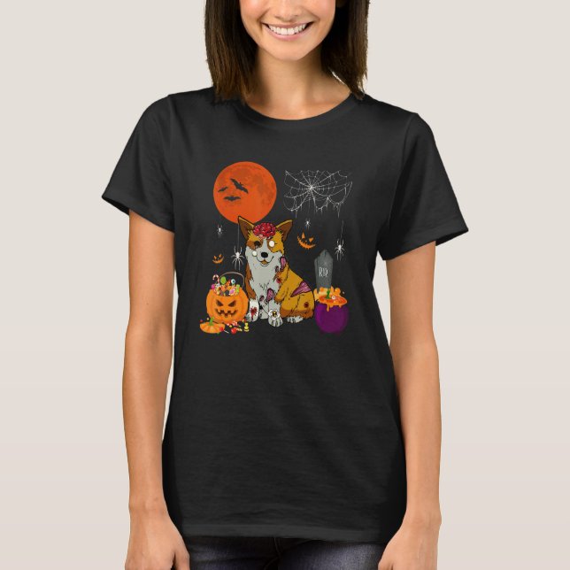 Halloween Corgi Dog Scary Zombie Costume Candy Bas T-Shirt (Front)