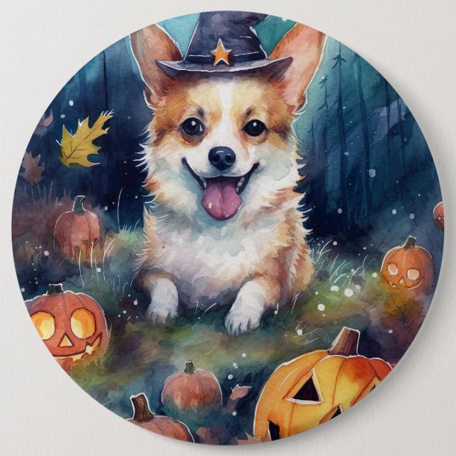 Halloween Corgi With Pumpkins Scary Button (Front)