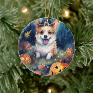 Halloween Corgi With Pumpkins Scary Ceramic Ornament