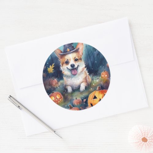 Halloween Corgi With Pumpkins Scary Classic Round Sticker