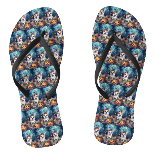 Halloween Corgi With Pumpkins Scary Flip Flops (Footbed)