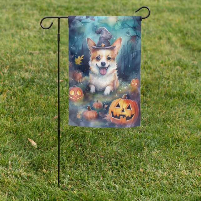 Halloween Corgi With Pumpkins Scary Garden Flag (In SItu)