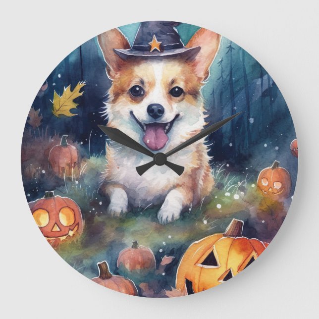 Halloween Corgi With Pumpkins Scary Large Clock (Front)